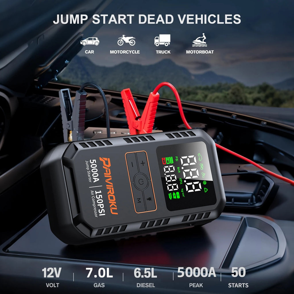 4-in-1 Portable Car Jump Starter & Air Compressor - 5000A Peak Power