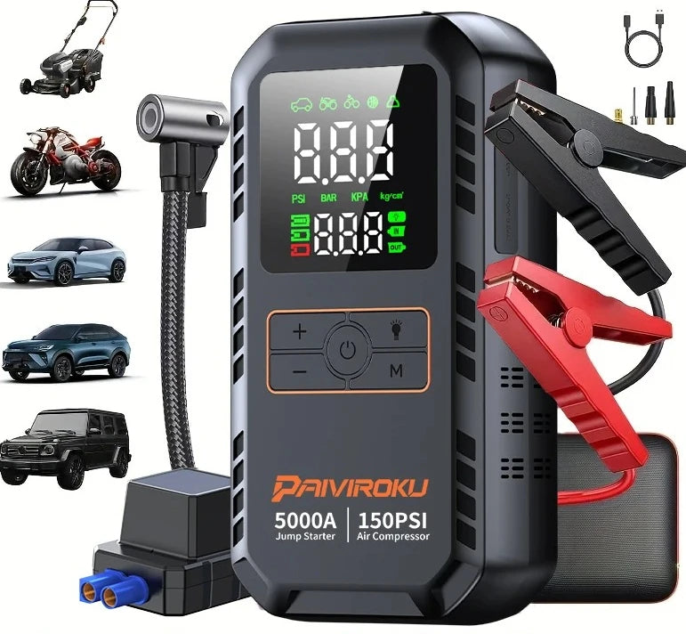 4-in-1 Portable Car Jump Starter & Air Compressor - 5000A Peak Power