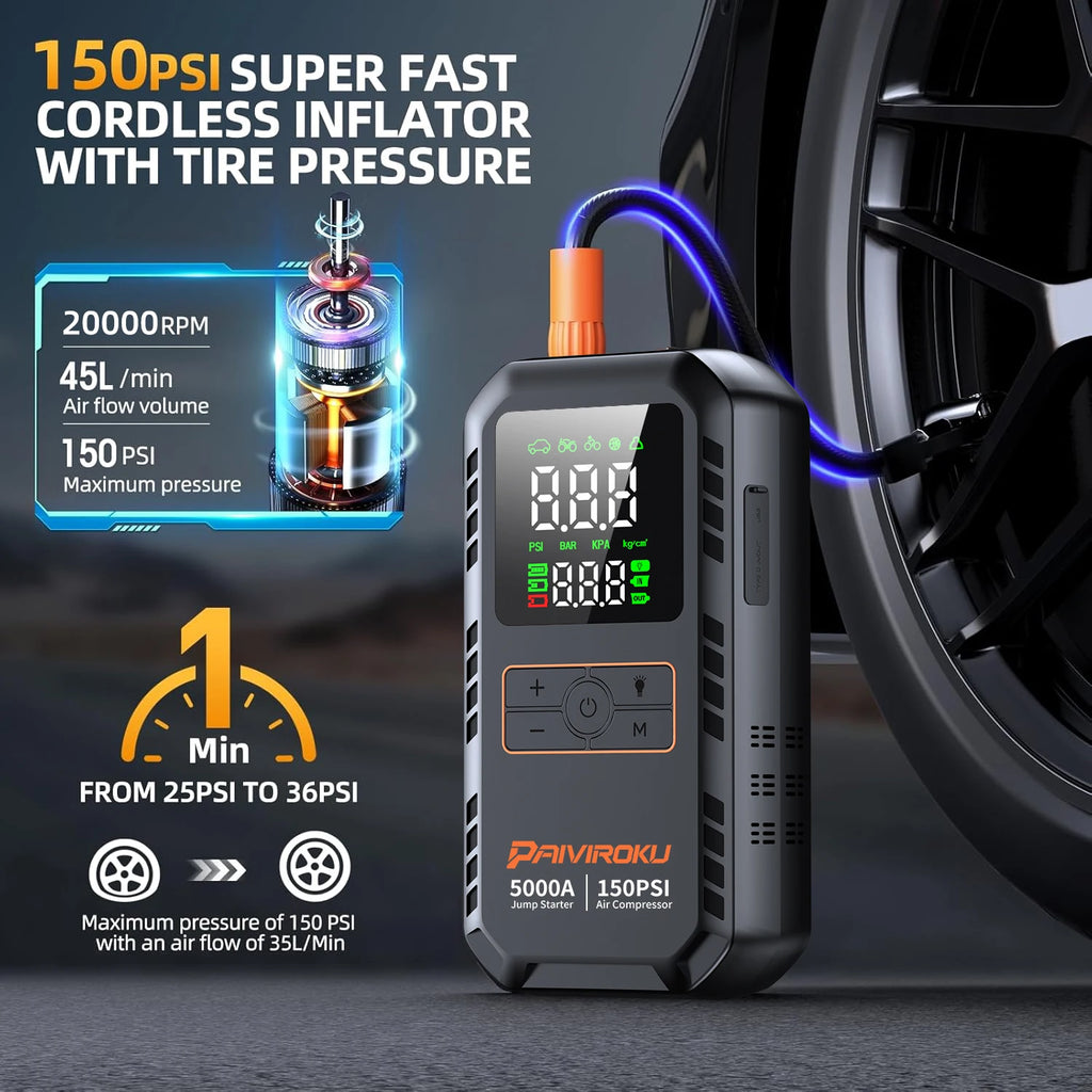 4-in-1 Portable Car Jump Starter & Air Compressor - 5000A Peak Power